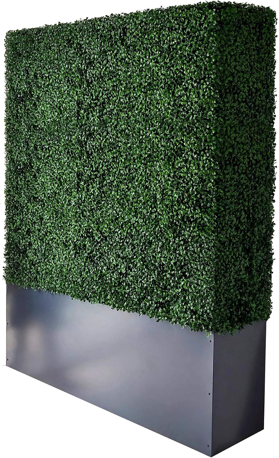 Artificial Boxwood Hedge Wall with Dark Gray Stainless Steel Planter Box Priv...