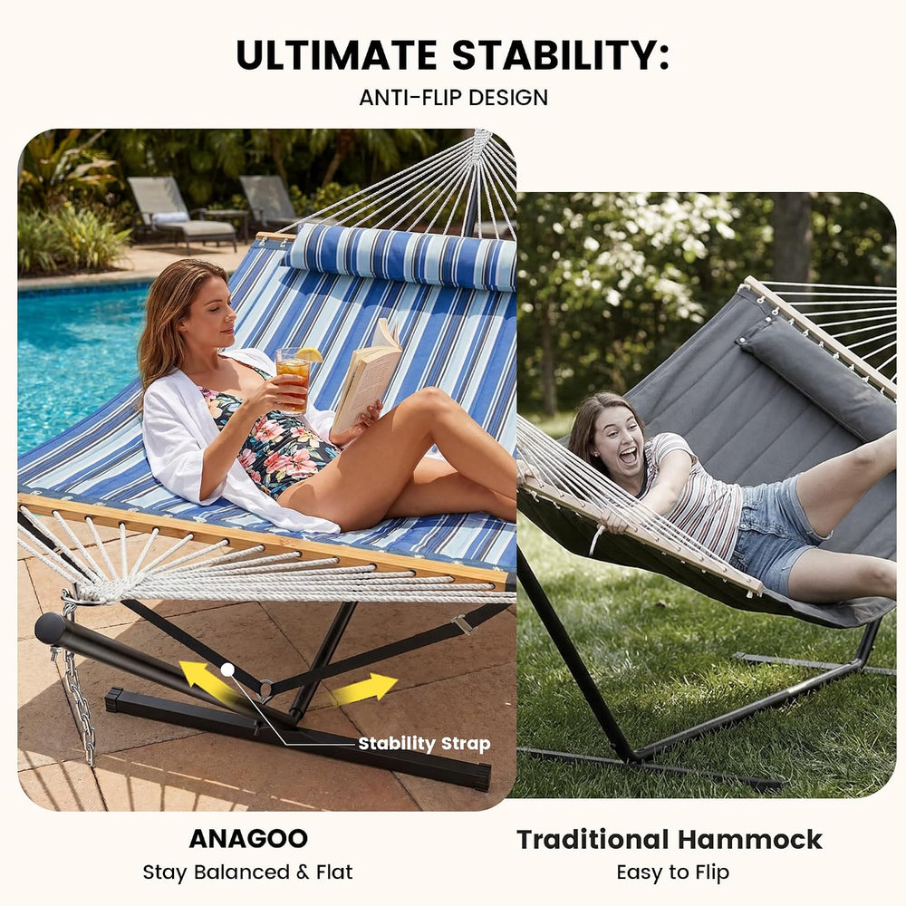 ANAGOO Double Hammock with Stand 500lbs Heavy Duty Outdoor Two Person Blue