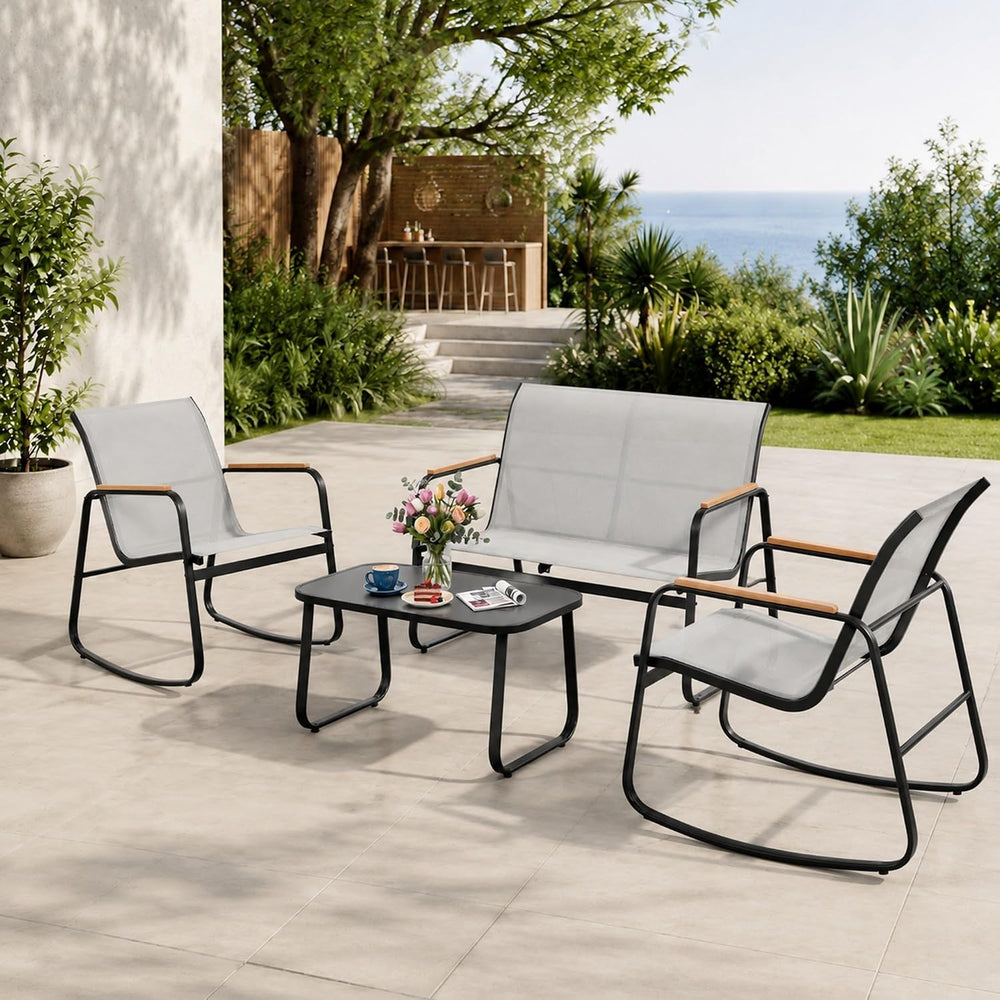 DWVO 4-Piece Rocking Patio Furniture Set, Textilene Conversation Set, Grey