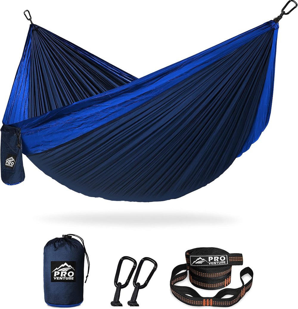 Pro Venture Double Camping Hammock - 10.5 x 6.5 FT (9ft Tree Straps, 2 Carabi...