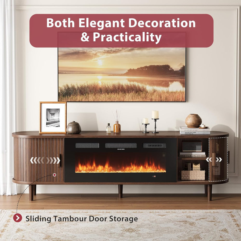 70" Mid Century Modern TV Stand with Fireplace, Fluted Fireplace TV Stan...