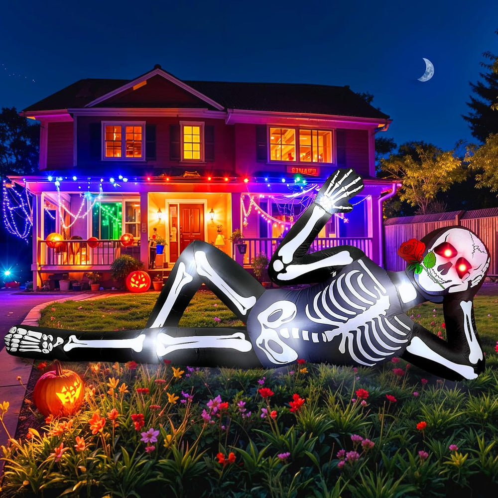 10FT Halloween Inflatable Outdoor Decoration, Lying Giant Skeleton with LED