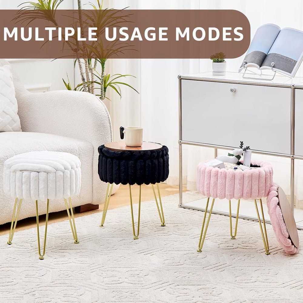 Wimarsbon Vanity Stool with Storage, Faux Fur Ottoman Chair with Metal Legs, ...