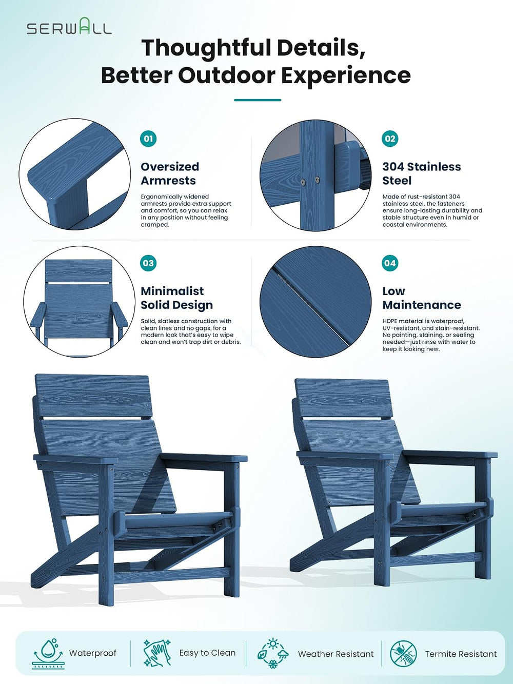 SERWALL Modern Adirondack Chairs Set of 6,Slateless,Solid Backrest,Blue