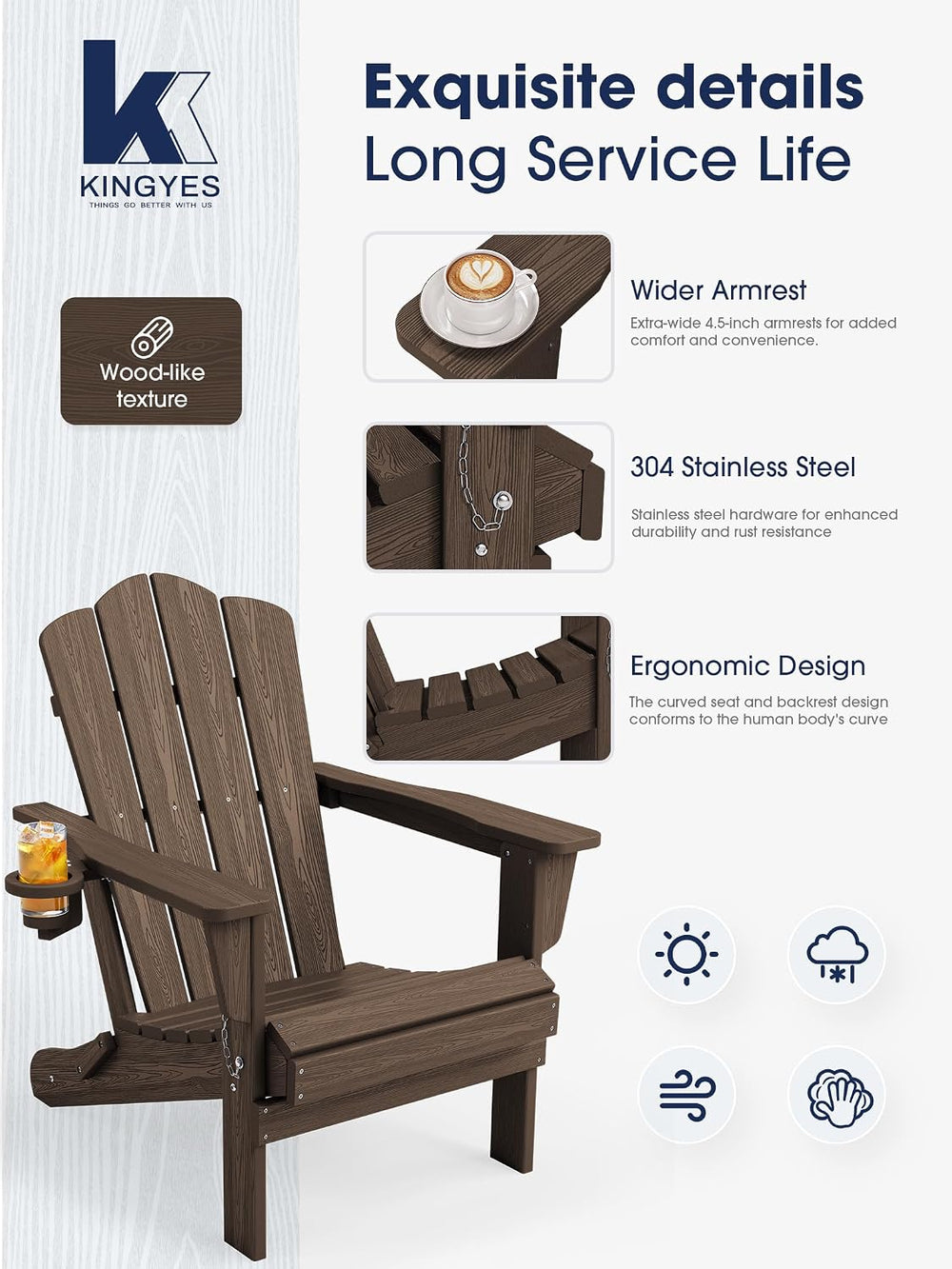 KINGYES Folding Adirondack Chair with Cup Holder, Coffee