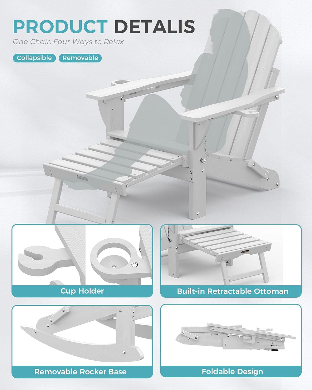 Ciokea Adirondack Rocking Chairs Set of 2 with Retractable Ottoman (White)