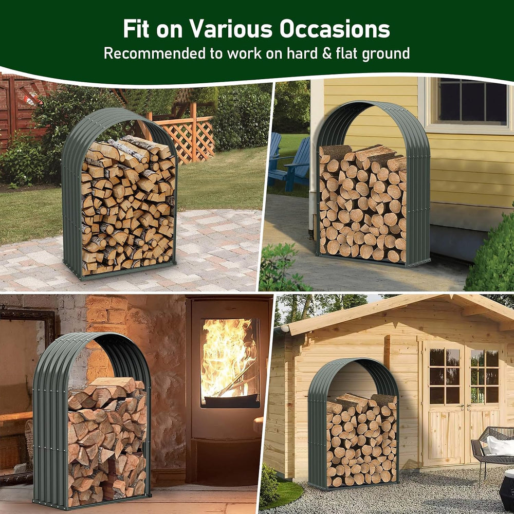 ANLEOLIFE Arch Tall Outdoor Firewood Rack with Corrugated Steel Roof