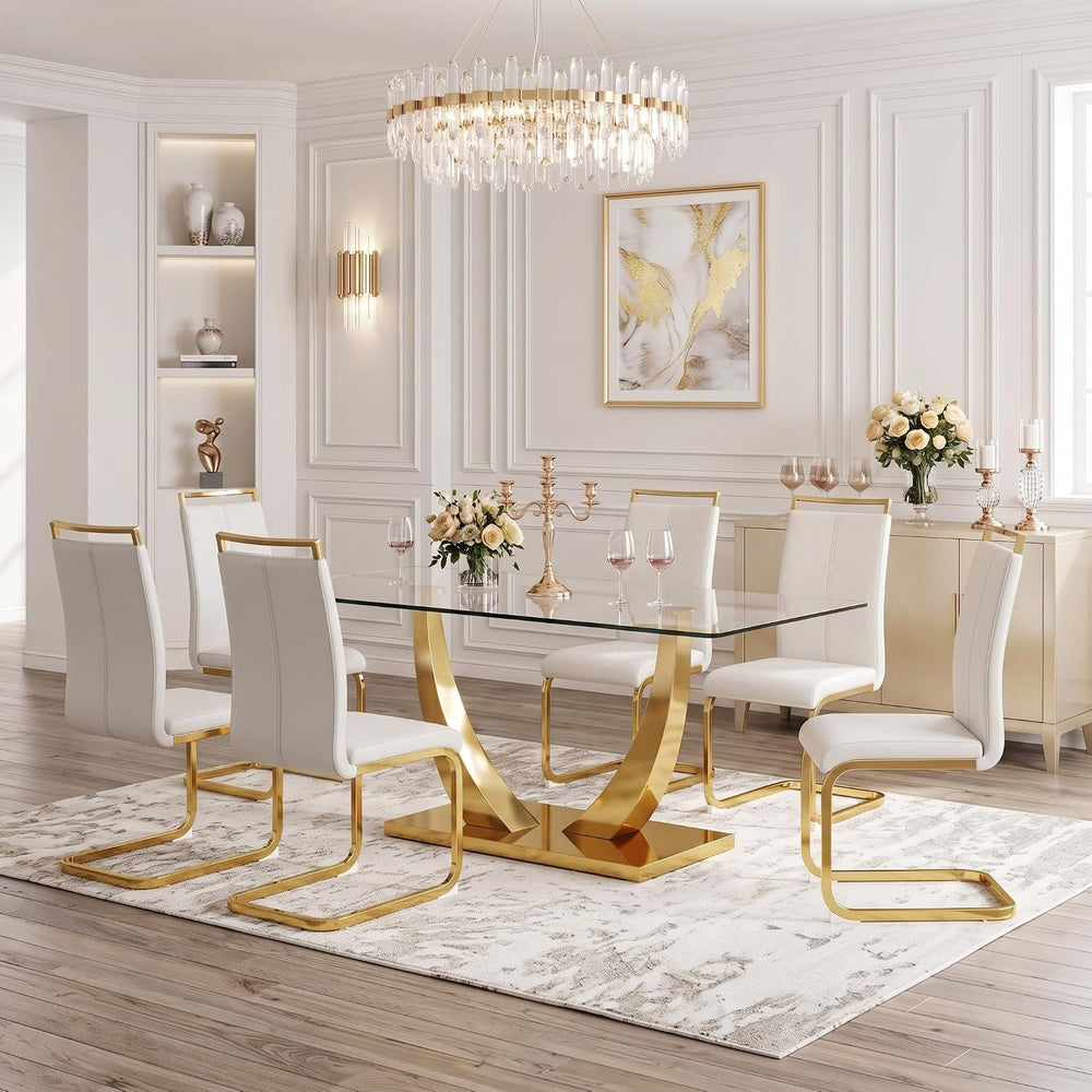 Glass Dining Table Set for 6, 71" Modern Dining Table Set for 6