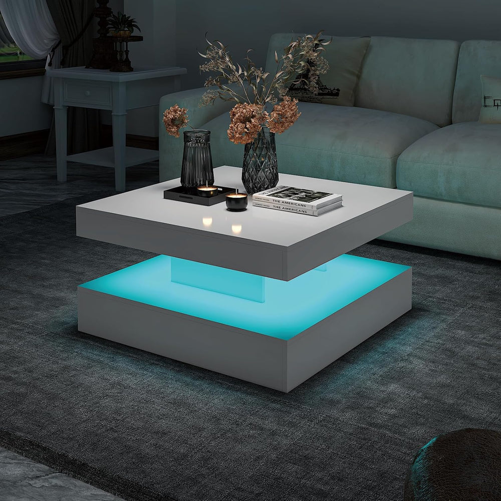 HedoAjim White LED Coffee Table for Living Room, 2-Tier Square Center Table L...