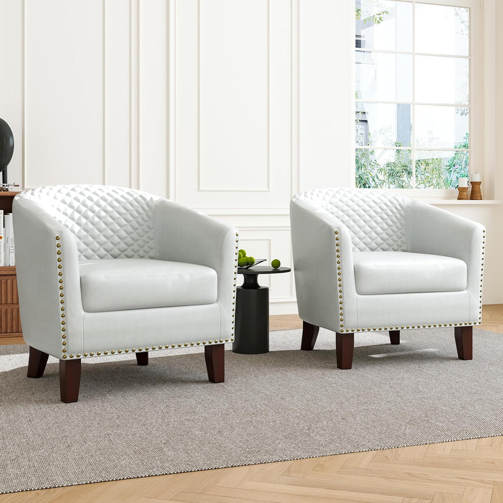Faux Leather Barrel Accent Chair with Nailhead, White, Set of 2