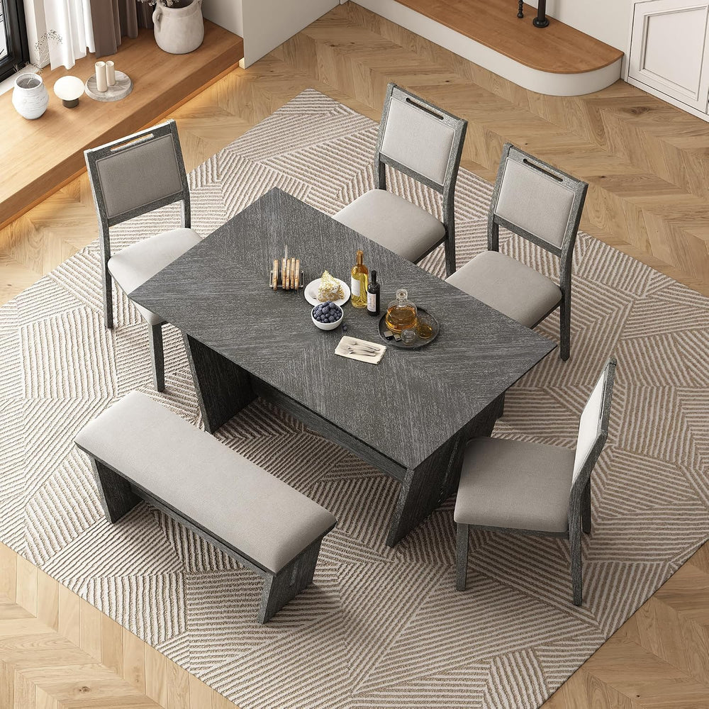 Merax 6-Piece Retro Dining Set, 1 Rectangular Table with Stable Trapezoidal T...