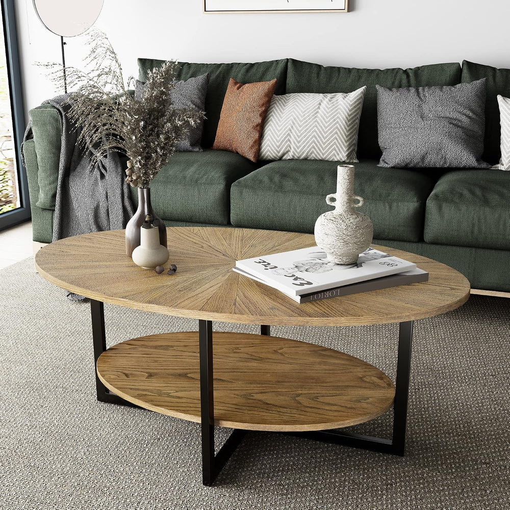 Wood Oval Coffee Table with Storage Shelf, 2-Tier, Rustic Nature