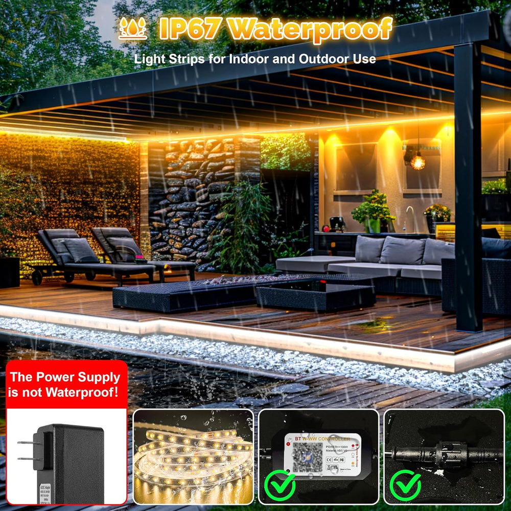 100FT Outdoor LED Strip Lights Waterproof IP67, Dimmable 3000K-6500K Warm Whi...