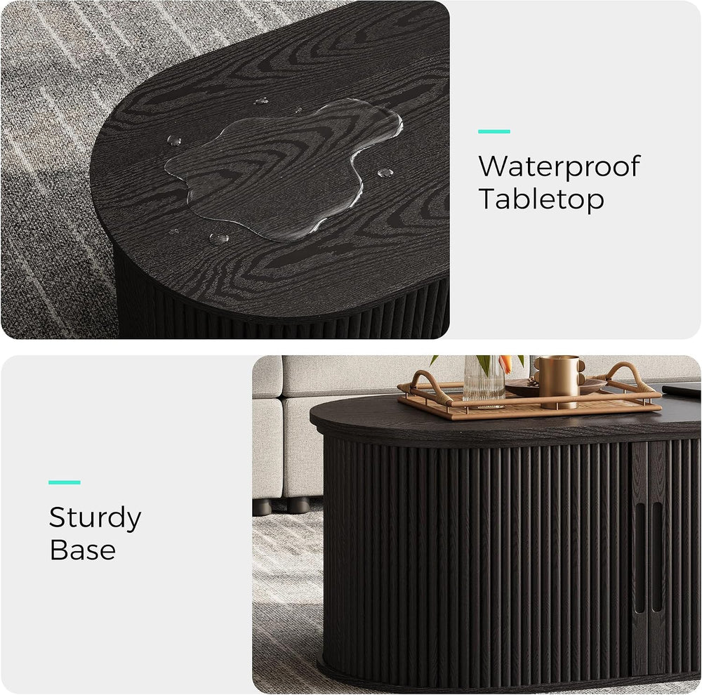 LINSY Lift Top Coffee Table, Oval Fluted Coffee Table with Storage, Mid Centu...