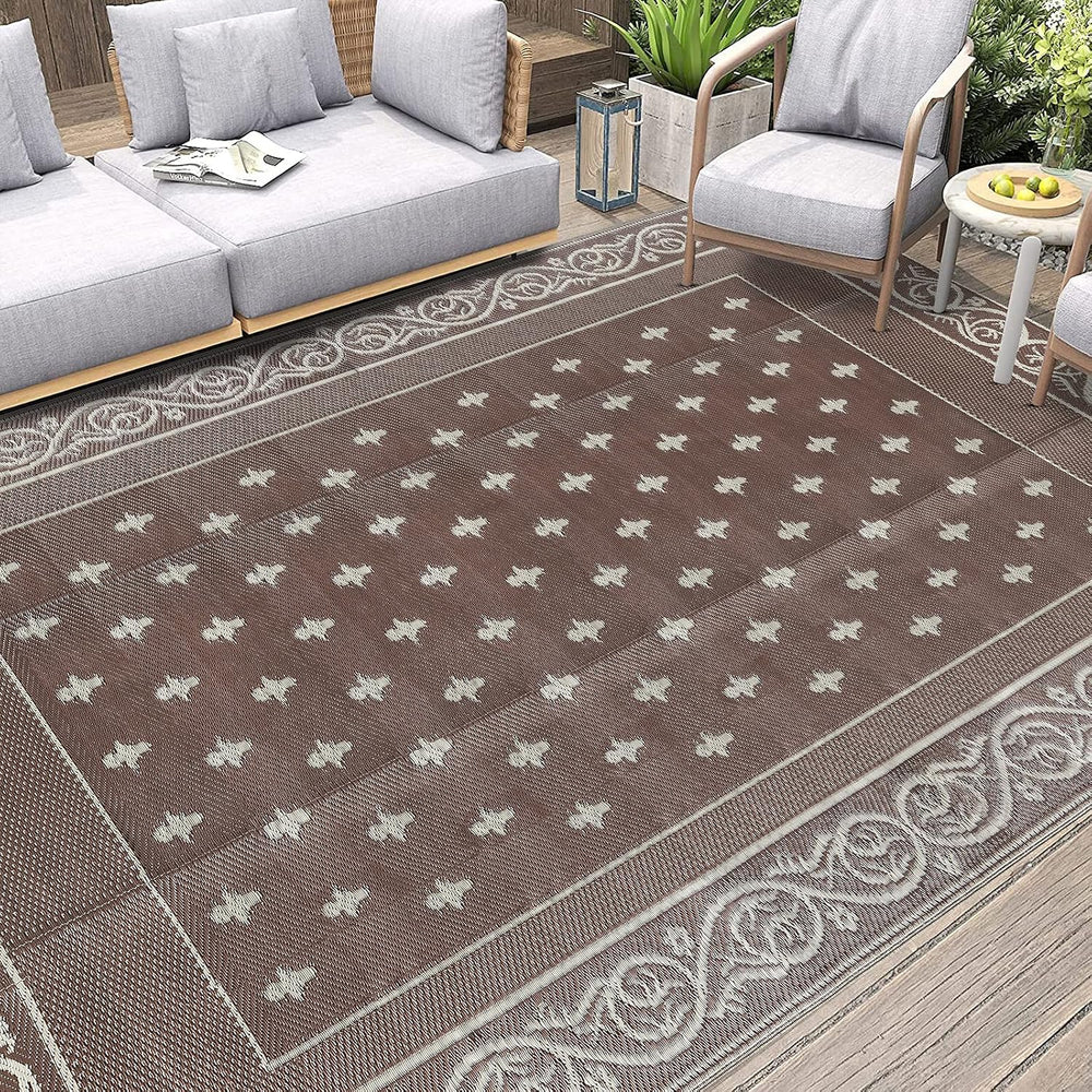Pauwer Waterproof Outdoor Rug 9x12, Plastic Patio Rug, Bordered Brown