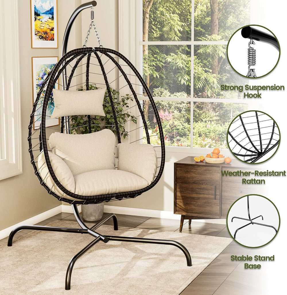 Kullavik Hanging Egg Chair Outdoor with Stand, Wicker Patio Swing Chair