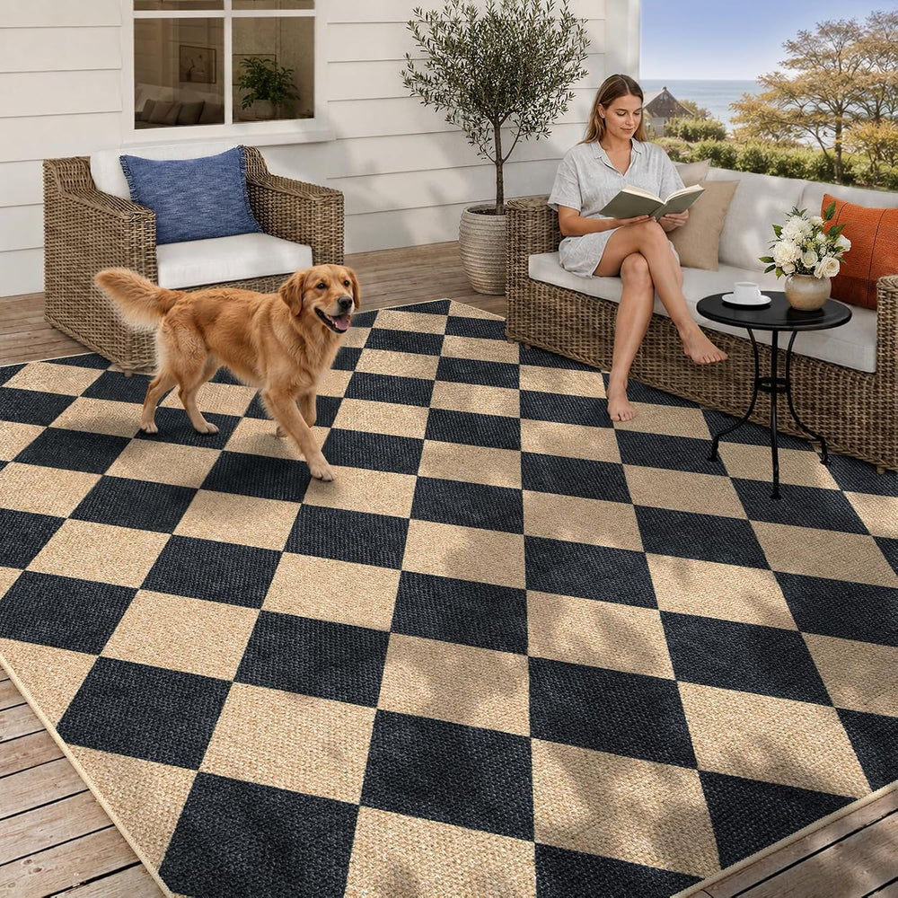 Lahome Checkered Easy Jute 5x7 Area Rugs, Washable Outdoor Patio Rug for Livi...