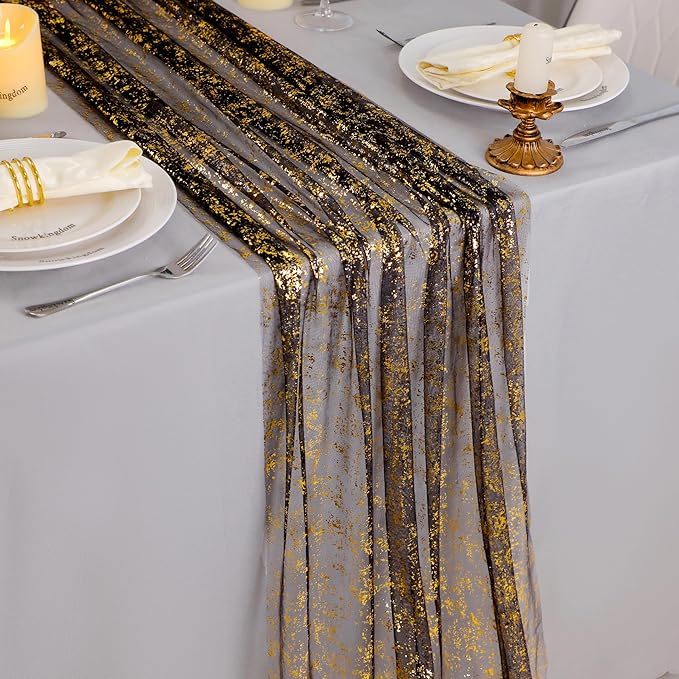 Snowkingdom 6 Pcs Black & Gold Cheesecloth Table Runner 10 FT, Sheer Chif...