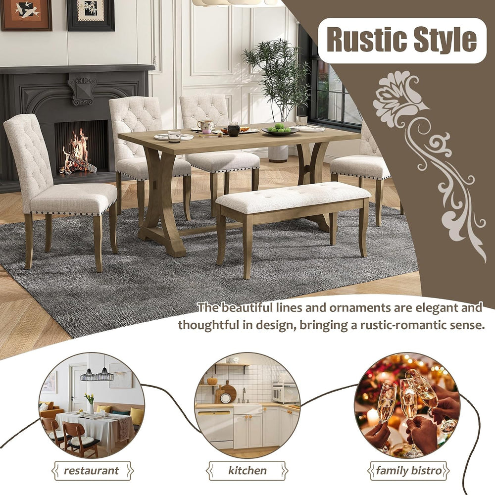 6-Piece Dining Table Set, 4 Chairs + Bench, Farmhouse, Natural Wood