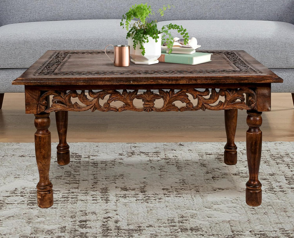 Farmhouse Coffee Table, Jali Carving, 36x24x18 in, Burnt