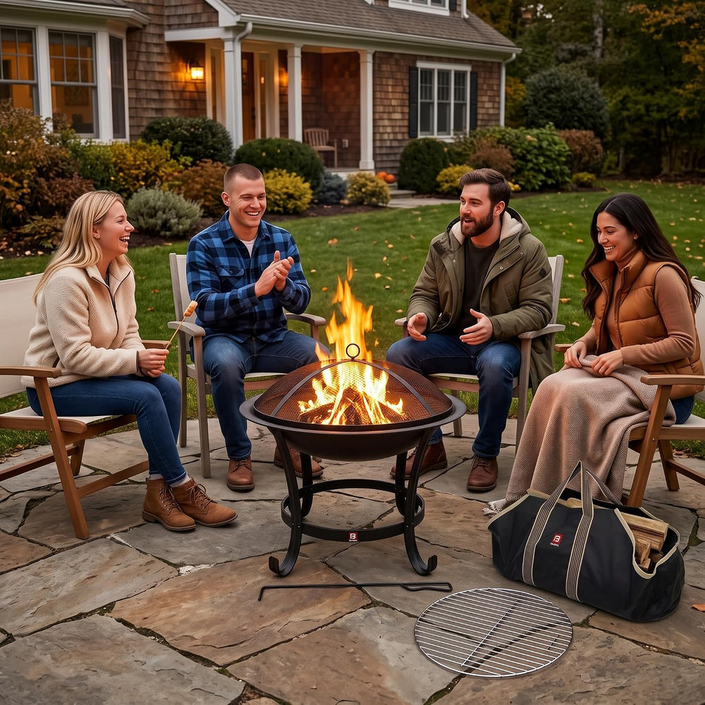 Fire Beauty 22" Fire Pit with 2-in-1 BBQ Grill, Spark Screen & Tote Bag