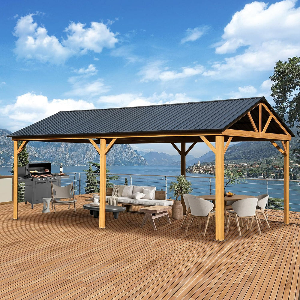 Domi 12’ x 20’ Hardtop Gazebo, Wooden Coated Aluminum Frame Canopy with Galva...
