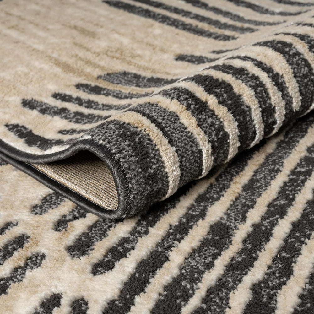 Beige Black Linear Wave Contemporary Area Rug – 5' x 8' – Modern Arti...