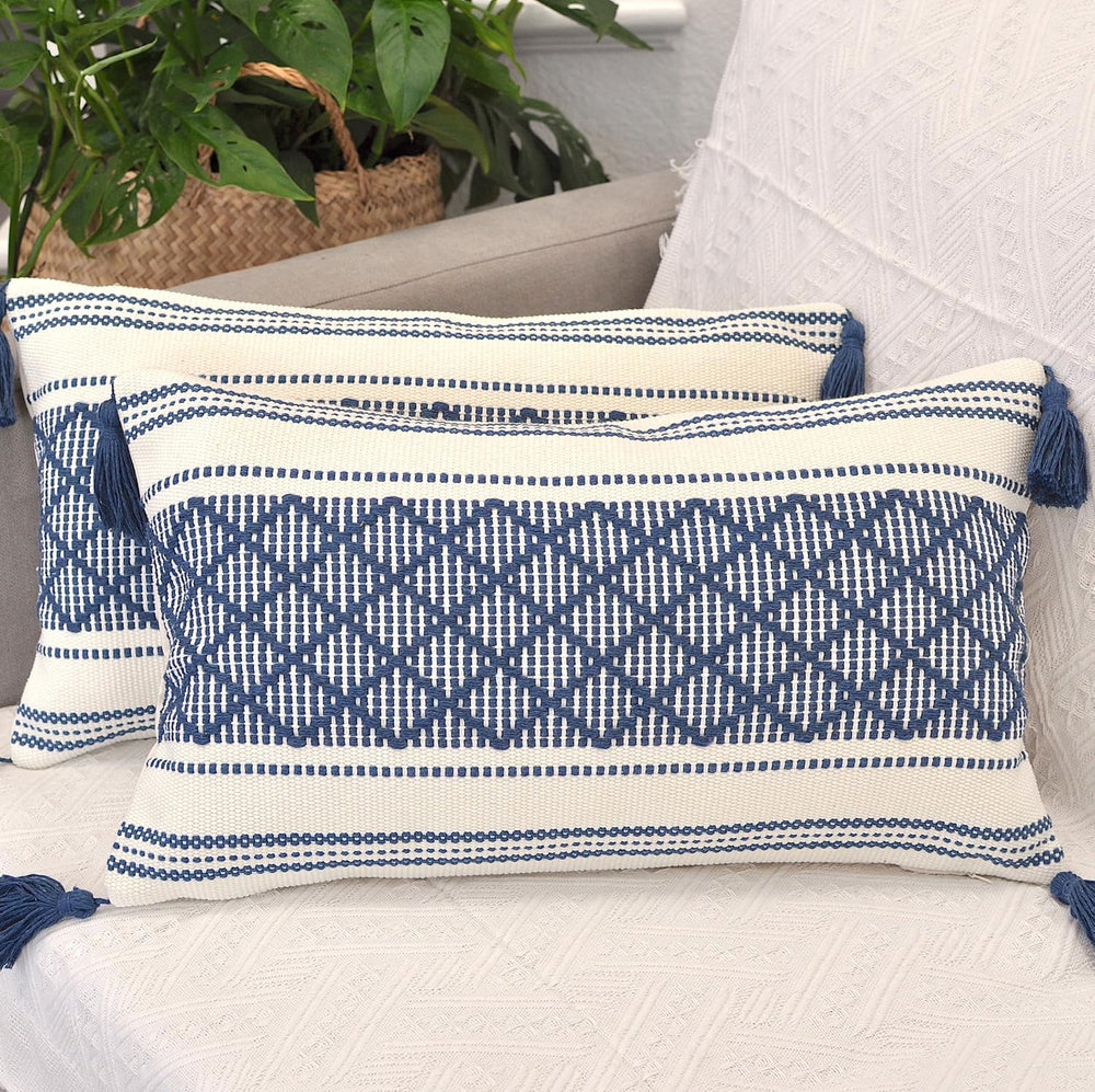 Decorative Boho Lumbar Pillow Covers with Tassels Navy Blue Off White, 12x20 ...