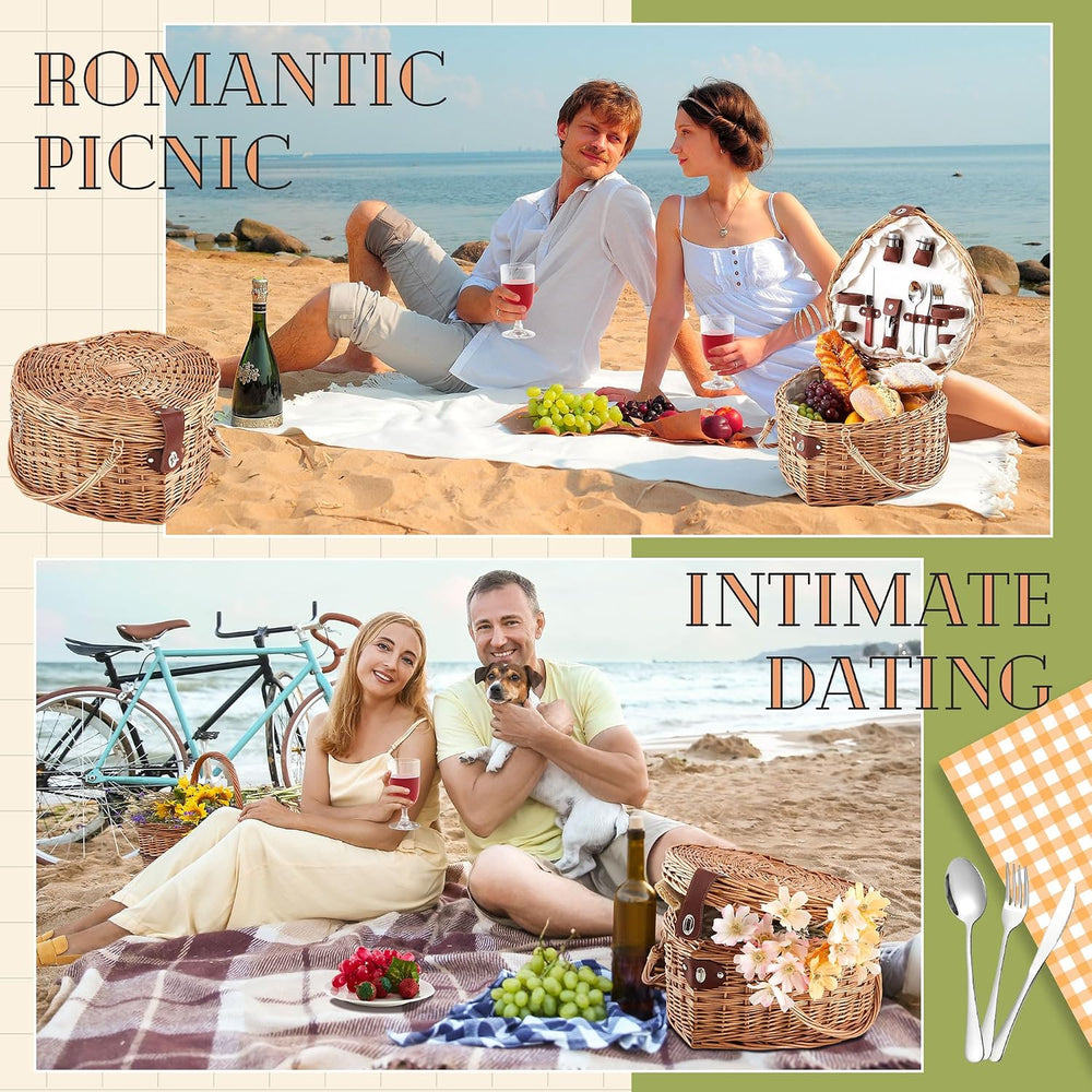 Willinglong Heart Picnic Basket with 2 Person Tableware Set Wicker Picnic Bas...