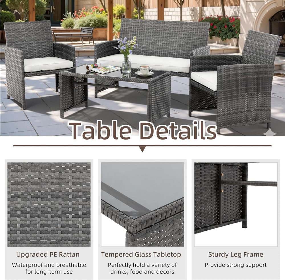 4 Piece Patio Ratten Set Outdoor Furniture Set Wicker Conversation Set with C...