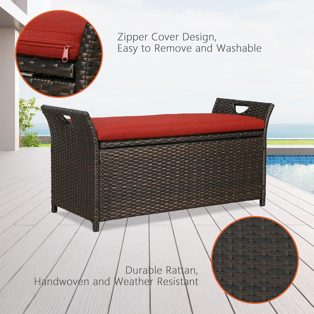 Patio Wicker Storage Bench,Outdoor Rattan Deck Box with Cushion, Red