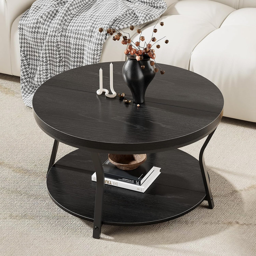 Round Coffee Table, Circle Wood Coffee Tables for Living Room, 2 Tier Industr...