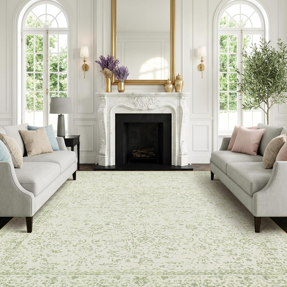 Light Green Area Rug 6x9 Floral Print Washable Throw Rugs for Living Room