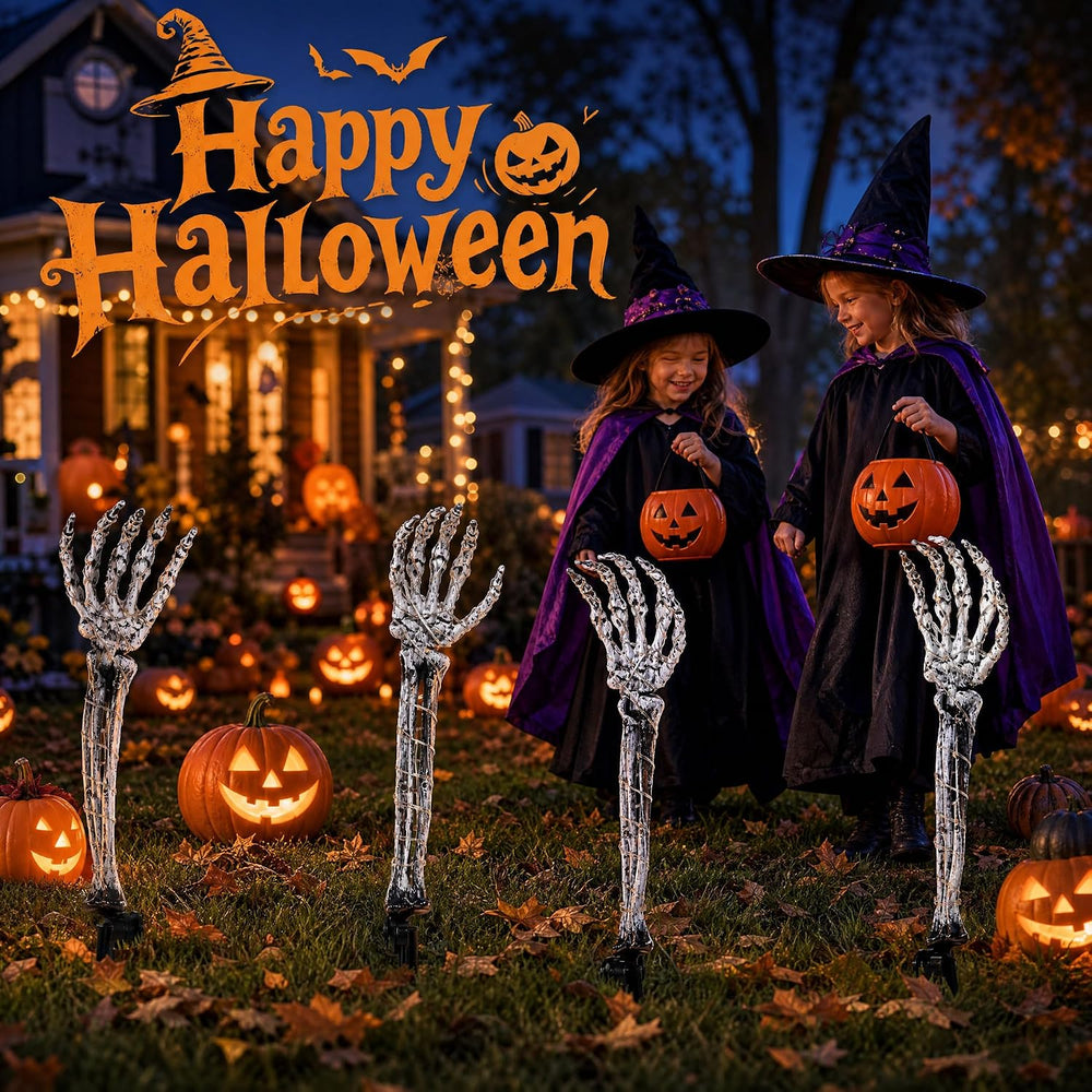 Halloween Skeleton Arm Stakes 4‑Pack, 160 Green LED Battery‑Powered Lights