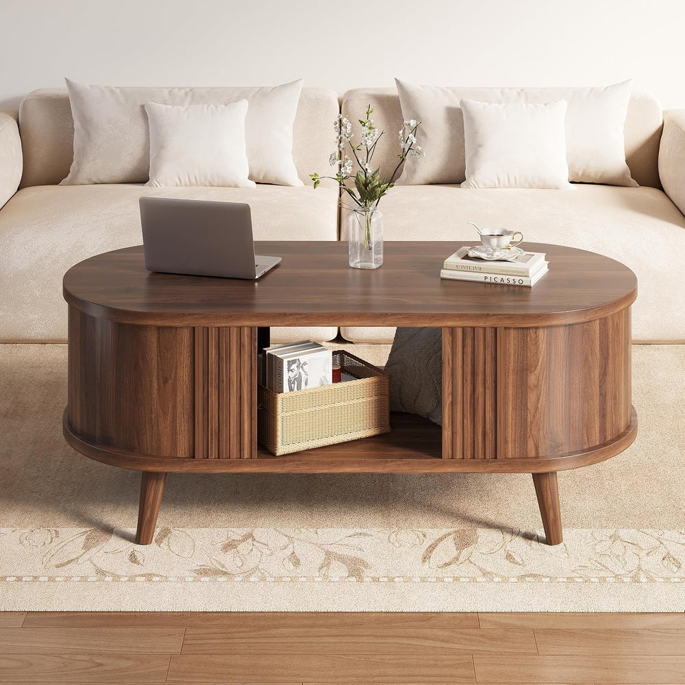 47.2" Oval Fluted Coffee Table with Storage, Fluted Mid-Century, Walnut