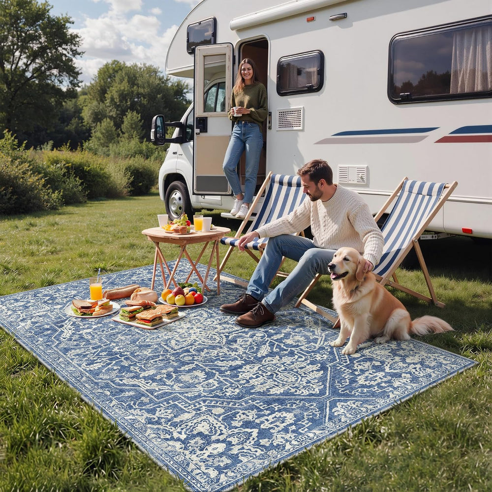 GENIMO 4x6 Outdoor Rug, Washable for Porch and Patio, Navy Blue & Ivory