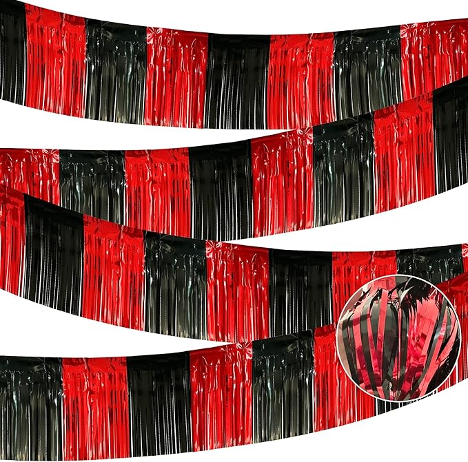 4 Pack 10 Feet Black Red Parade Floats Foil Fringe Garland Metallic Tinsel St...