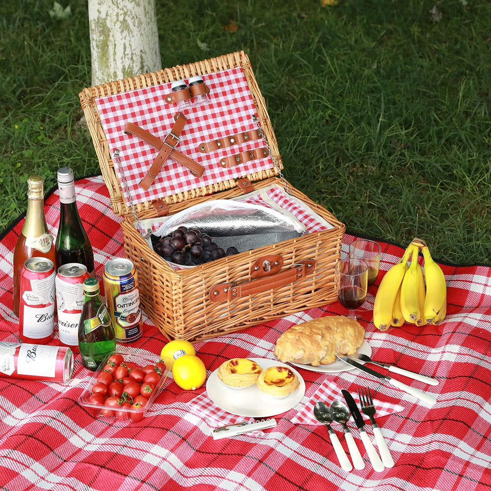 Wicker Picnic Basket for 2, Insulated Picnic Basket - Red Check