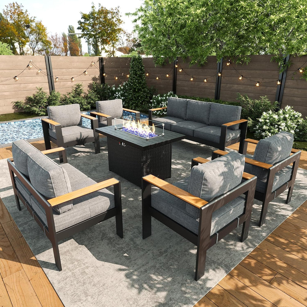 LayinSun 7 Piece Aluminum Outdoor Furniture Set with Fire Pit Table