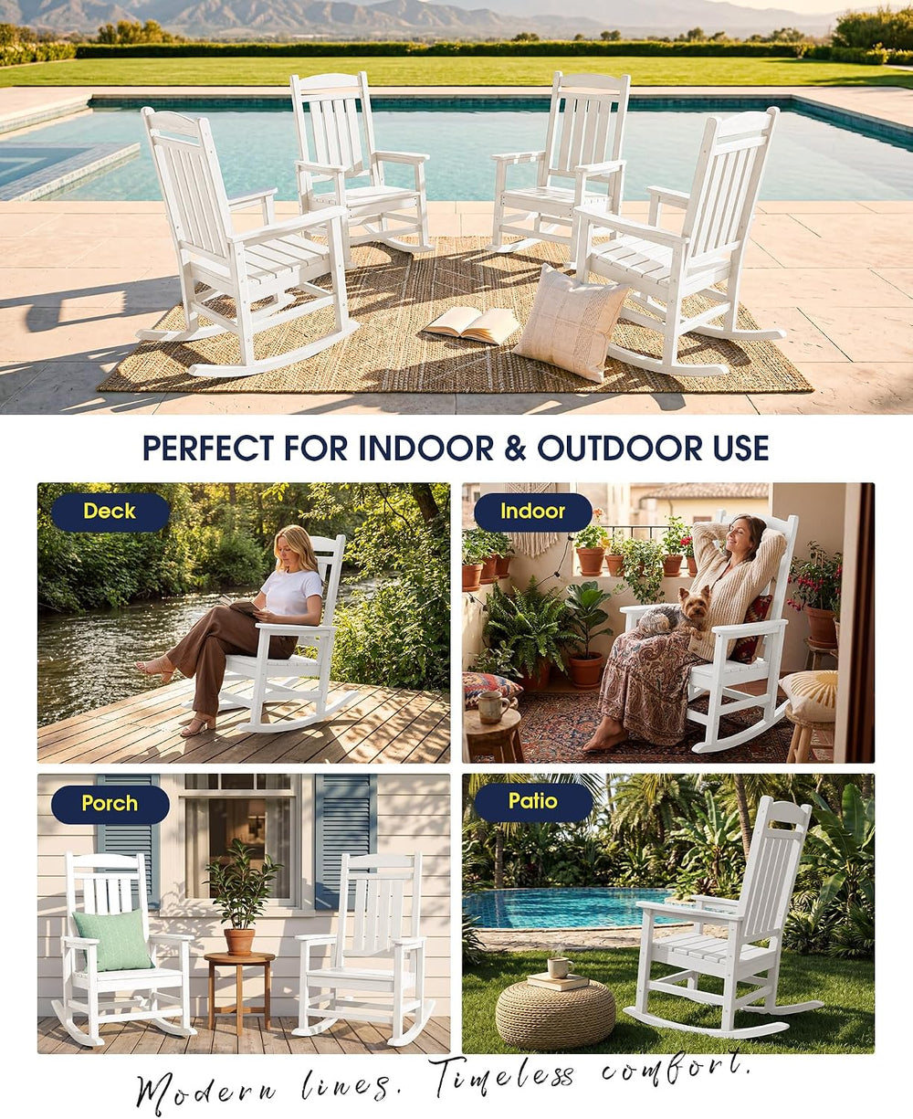 KINGYES Oversized Outdoor Rocking Chairs Set of 2, HDPE Porch Rocker, White