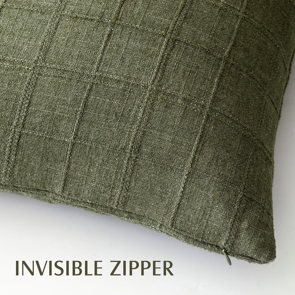 Foindtower Boho Linen Check Decorative Throw Pillow Cover 26×26 Olive Green