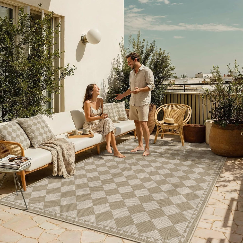 HUGEAR 5x8 Beige Brown Checkered Linen Look Indoor Outdoor Rug for Patio