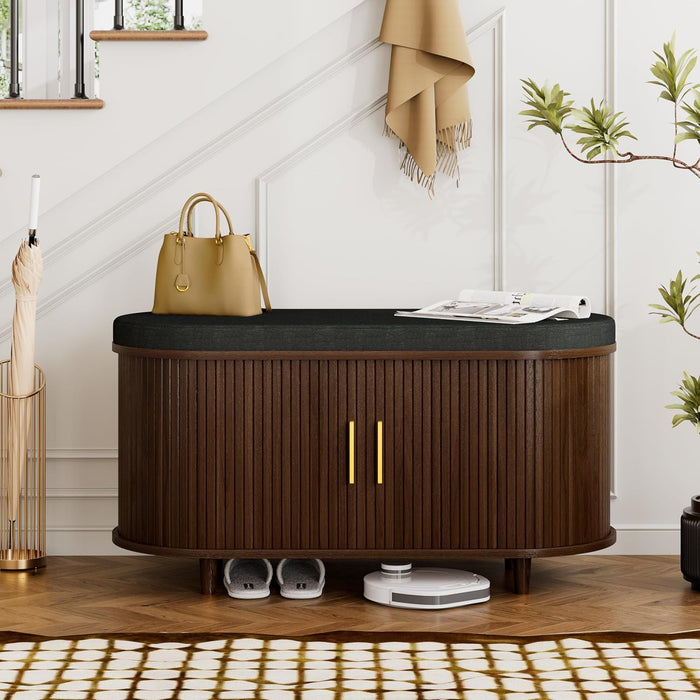 DHH 2-Tier Storage Bench,Wide Shoe Bench with Thickened Padded Seat Cushion, Mid Century Modern Fluted Sliding Door and Adjustable Shelf, for Entryway, Living Room, Bedroom (Walnut, 35.4“)