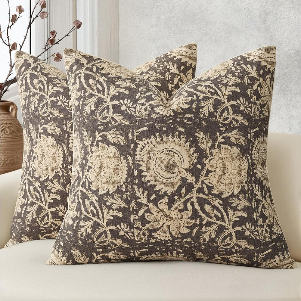 Vintage Floral Print Throw Pillow Covers 24x24 Set of 2 Neutral Modern Farmho...