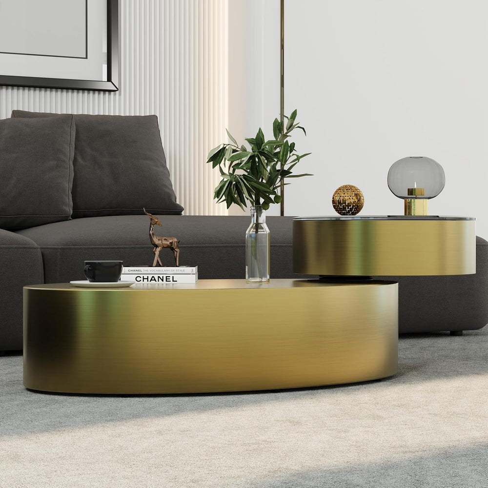 Oval Rotating Coffee Table with Tempered Glass Top, 2-Tier Design & 360° ...