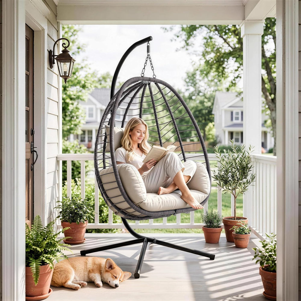 ALAULM Foldable Egg Chair with Stand, 485LBS Capacity Wicker Rattan Hammock S...