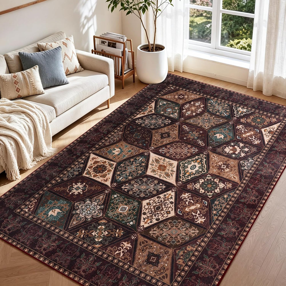 Moroccan Boho Floral Geometric Patchwork Washable 5x8 Large Area Rug