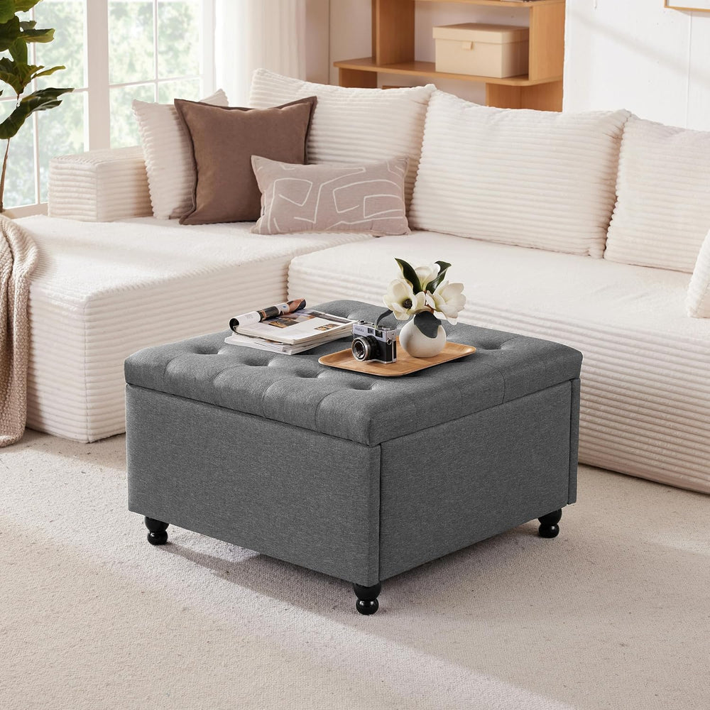30" Large Square Ottoman with Storage, Fabric Ottoman Coffee Table, Grey