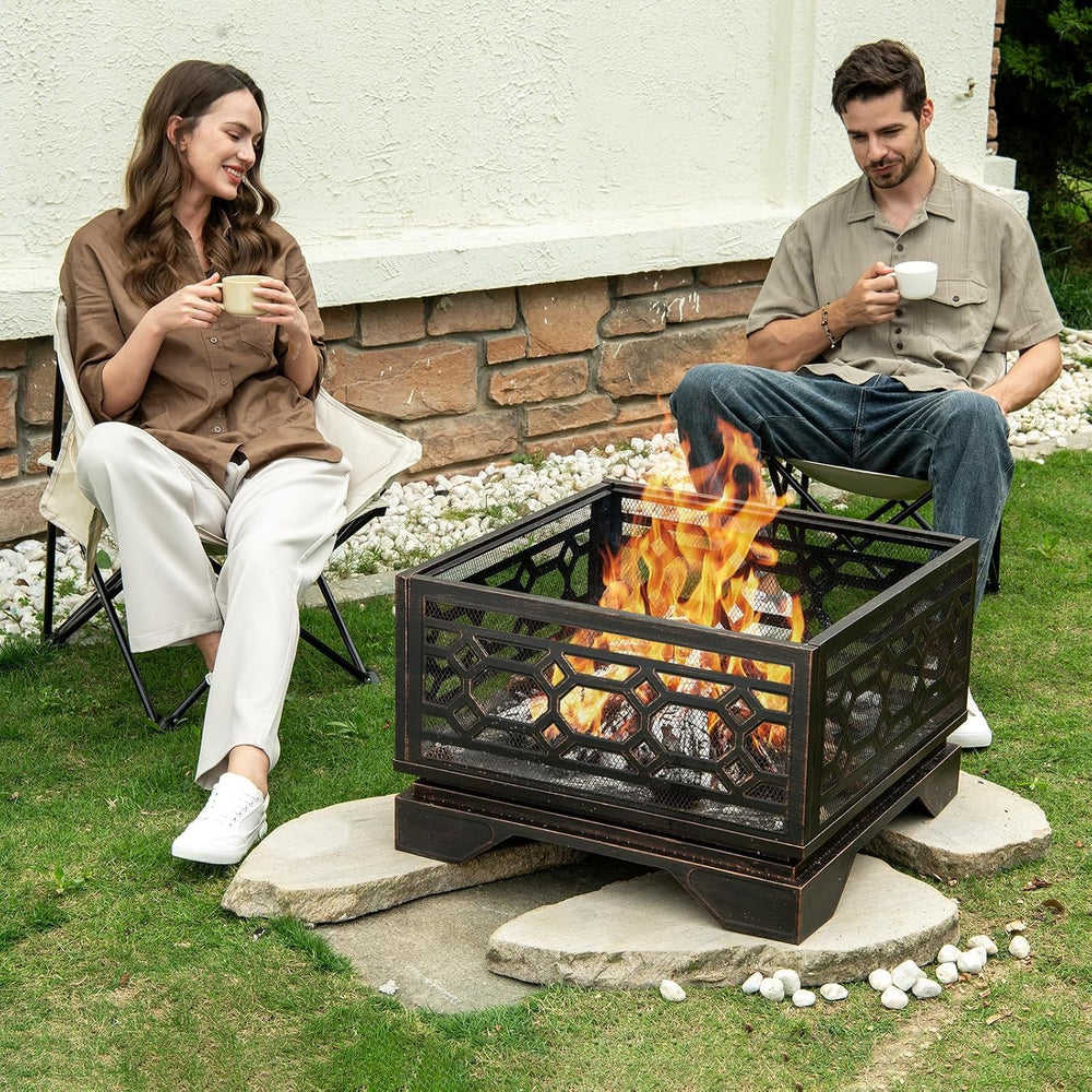26 Inch Outdoor Fire Pit, Wood Burning Outside Fireplace with Mesh Cover