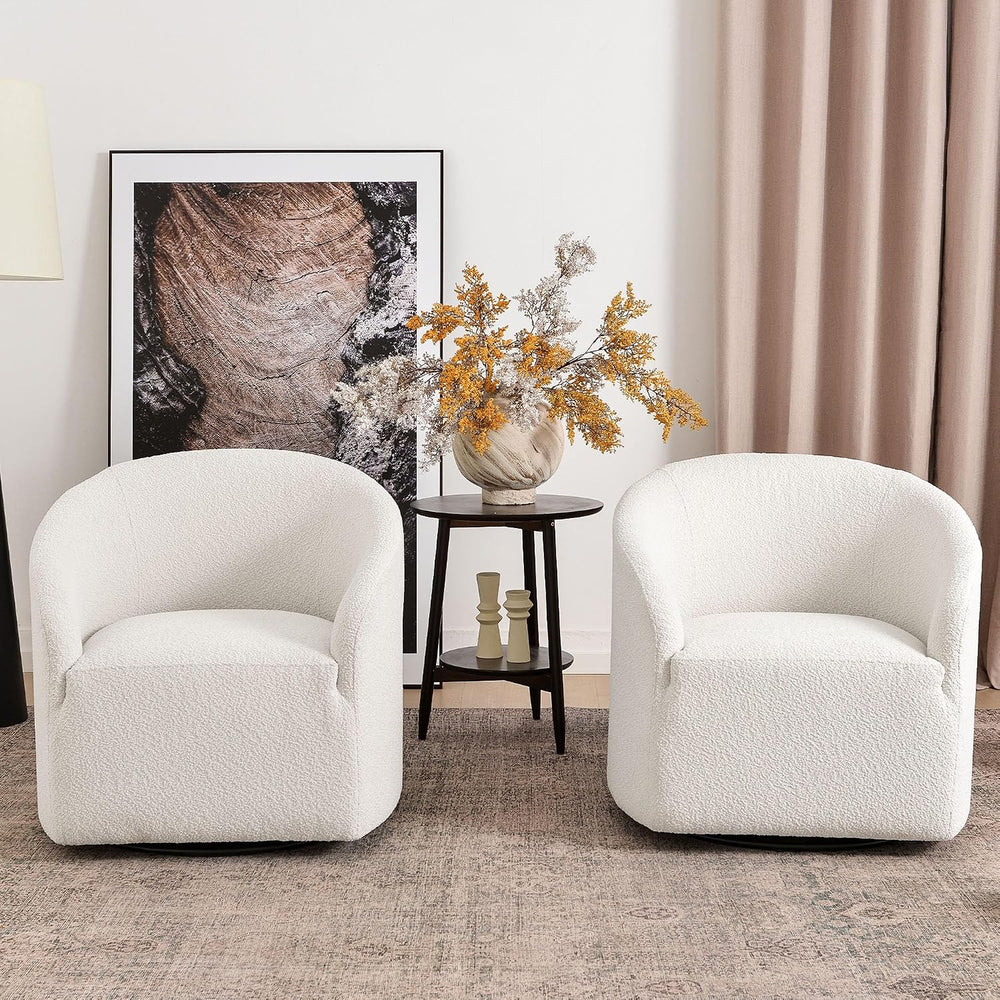 KINWELL 32" Wide No Assembly Boucle Swivel Barrel Chairs Set of 2, White